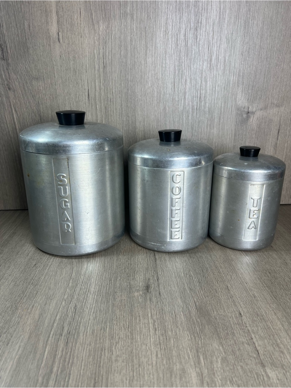 Vintage Spun Aluminum Canister Set Sugar Coffee Tea Kitchen Storage 3 Pc
